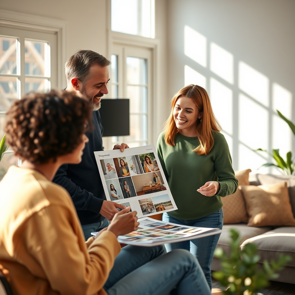 A warm, inviting, and photorealistic image showcasing a meeting between a client and a photographer from Michael Media Company. They are discussing a storyboard or mood board, collaborating on the client's vision for their project. The setting is a comfortable studio space, with natural light streaming in. The expressions should convey collaboration, understanding, and excitement. The color palette should be soft and natural. Technical specs: 4K resolution, high-quality rendering.