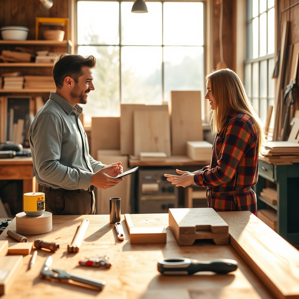 A welcoming image of a consultant meeting with a client in a cozy workshop, surrounded by tools and wood projects. The natural light streaming through the windows creates an engaging atmosphere. The colors used should be warm and inviting, emphasizing the workshop as a collaborative space. A high-quality visual representation of this interaction should be rendered.