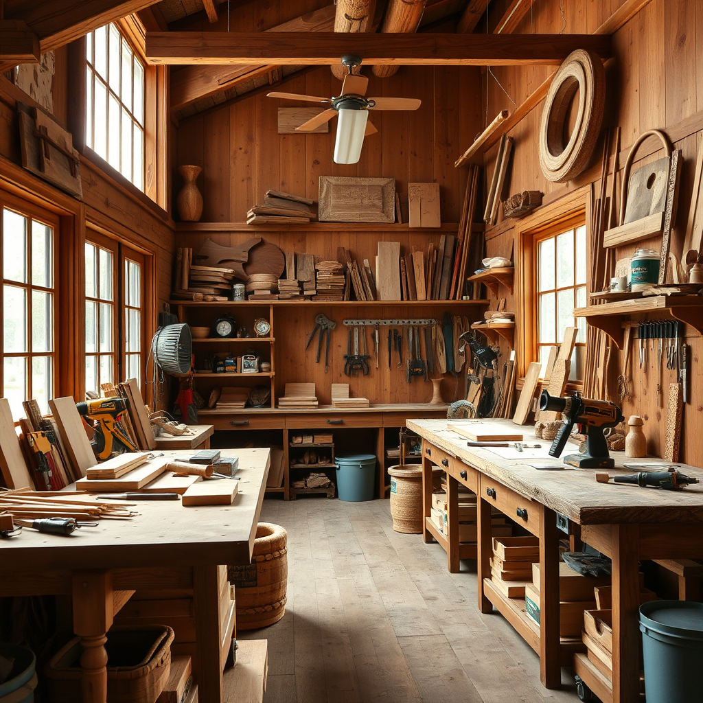 A well-organized home woodworking workshop featuring neatly arranged tools and a large workbench. The image captures the essence of craftsmanship with various wood pieces on display, while natural light streams through windows. Warm earthy colors and wooden textures dominate, creating an inviting workspace atmosphere suitable for creativity and productivity, rendered in high resolution.