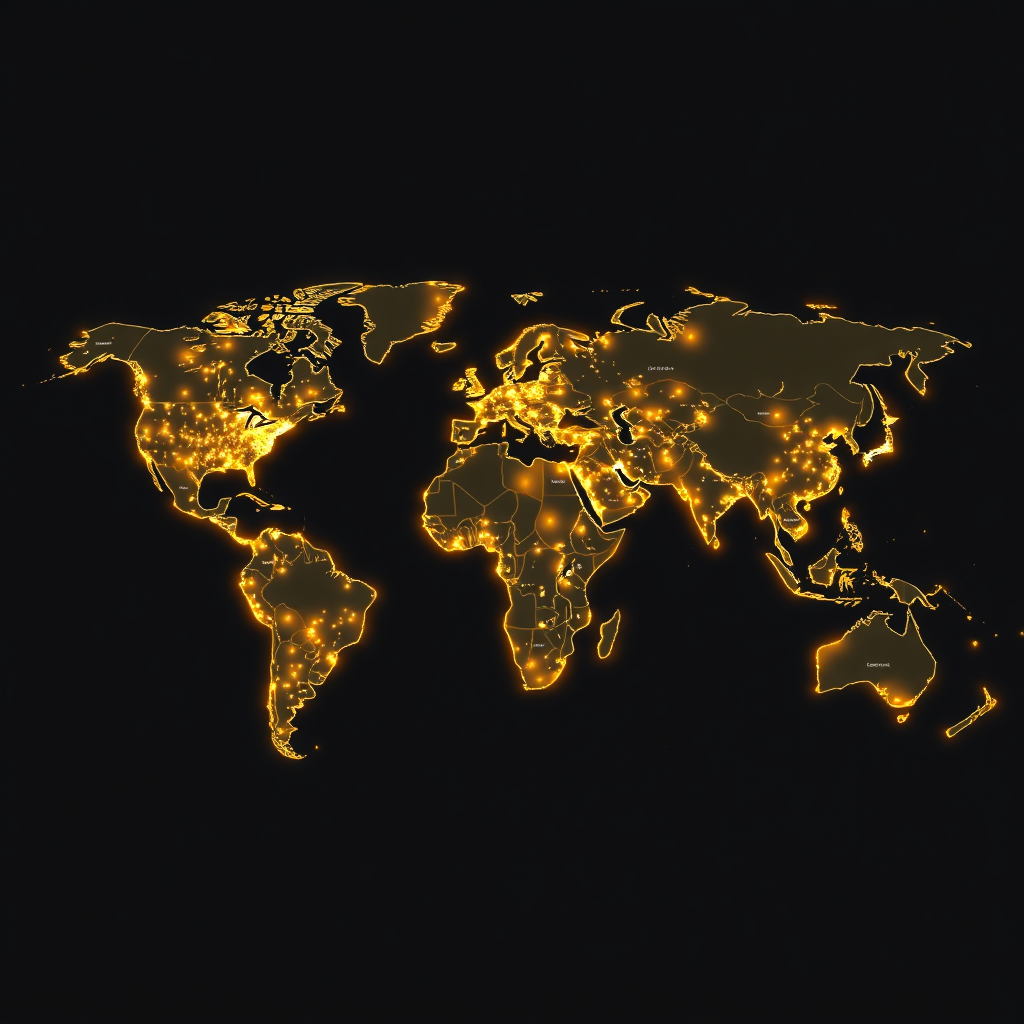 A world map illuminated by interconnected nodes, representing the global network of researchers and practitioners collaborating to improve social programs. The map should be visually engaging and informative, highlighting key regions and partnerships. Technical specs: 4K resolution, stylized rendering.