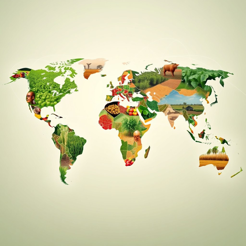A world map with interconnected lines highlighting the global reach of agricultural knowledge and technology. The map should be overlaid with images of diverse crops and farming practices from around the world. The overall tone should be positive and hopeful, emphasizing the potential for global food security. Style: global impact visualization.