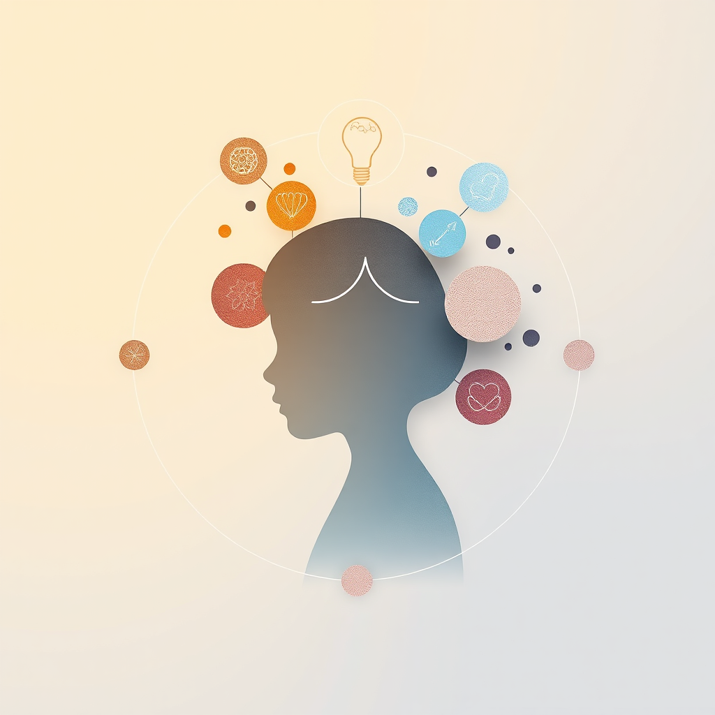 An abstract image representing the holistic development of a child, with different elements symbolizing intellectual, emotional, and social growth. The color palette is harmonious and balanced, with soft gradients and subtle textures. The style is modern and minimalist. 4K resolution, high quality.