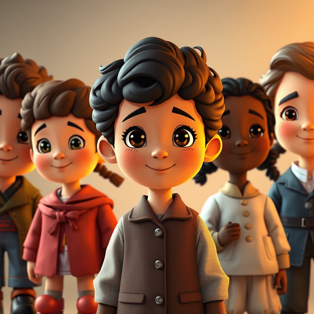 An animated depiction of famous historical figures as children, each showcasing their unique talents and contributions. The style is stylized and reminiscent of classic children's books. The lighting is warm and inviting, highlighting their youthful potential. 4K resolution, high quality.
