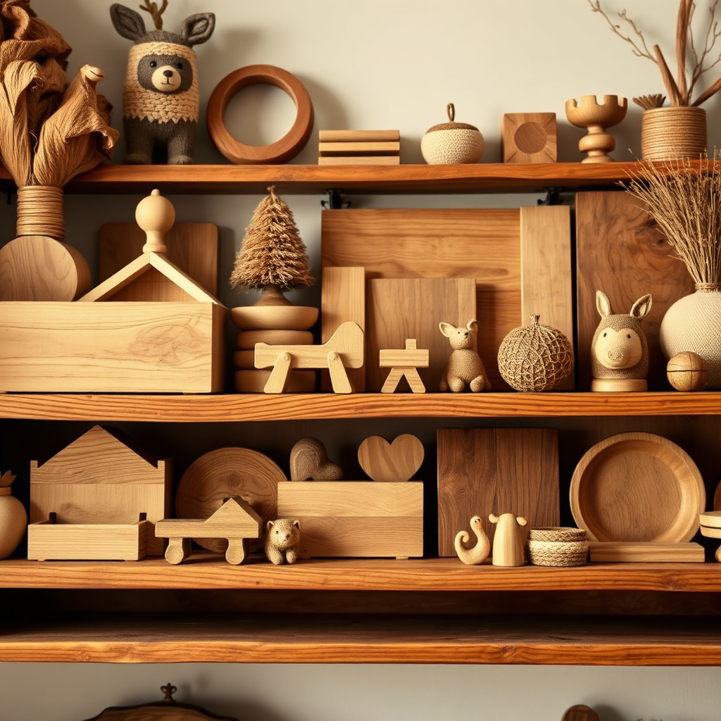 An artistic representation of various woodworking product categories—furniture, toys, and decor—displayed creatively on a shelf. The composition highlights diverse textures and wood grains, with warm lighting enhancing the natural beauty of the materials. The background should feature subtle elements suggesting a home setting, aiming for a cozy, inviting vibe in a high-quality image.