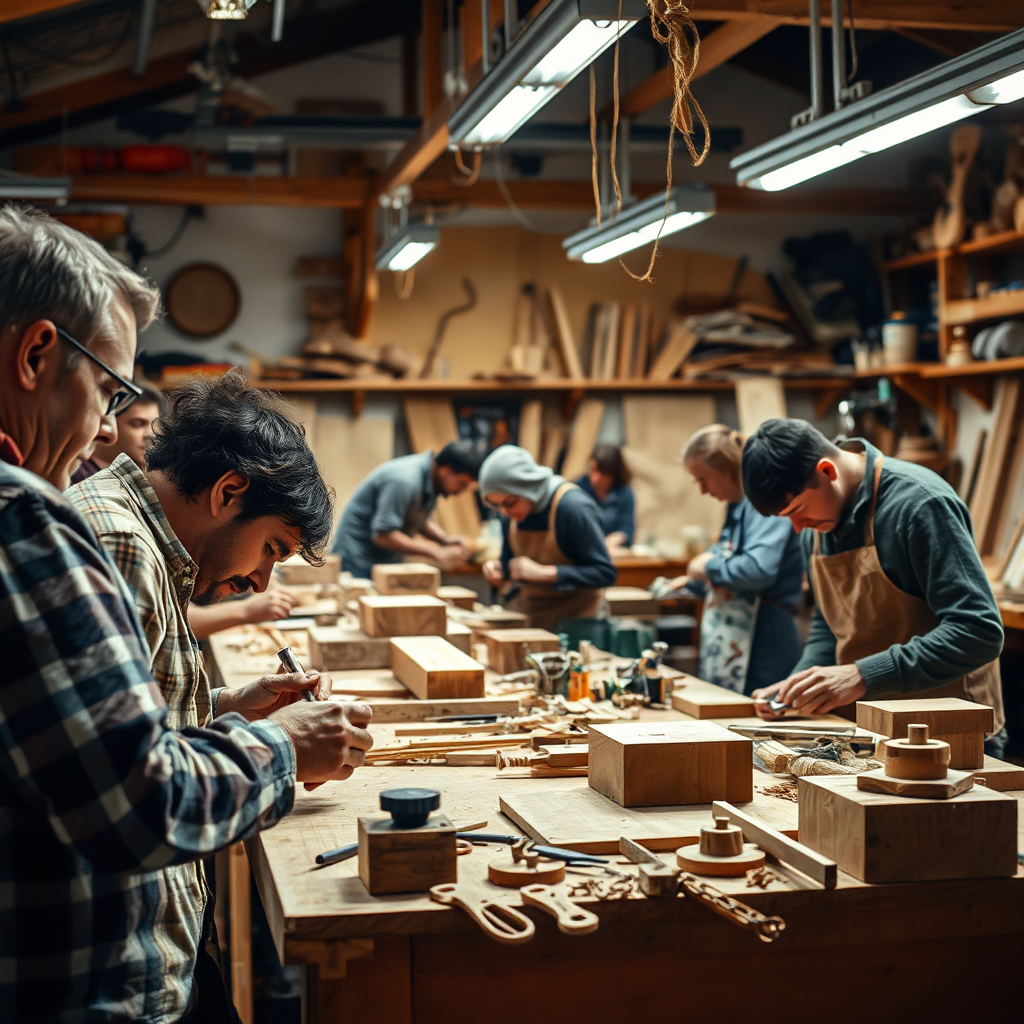 An energetic scene capturing participants in a woodworking workshop actively engaging in crafting projects. The environment is filled with tools and materials, augmented by collaborative spirit. Bright lighting showcases craftsmanship in progress, highlighting the textures of wood. This image should be vibrant and full of energy, detailed in high resolution.