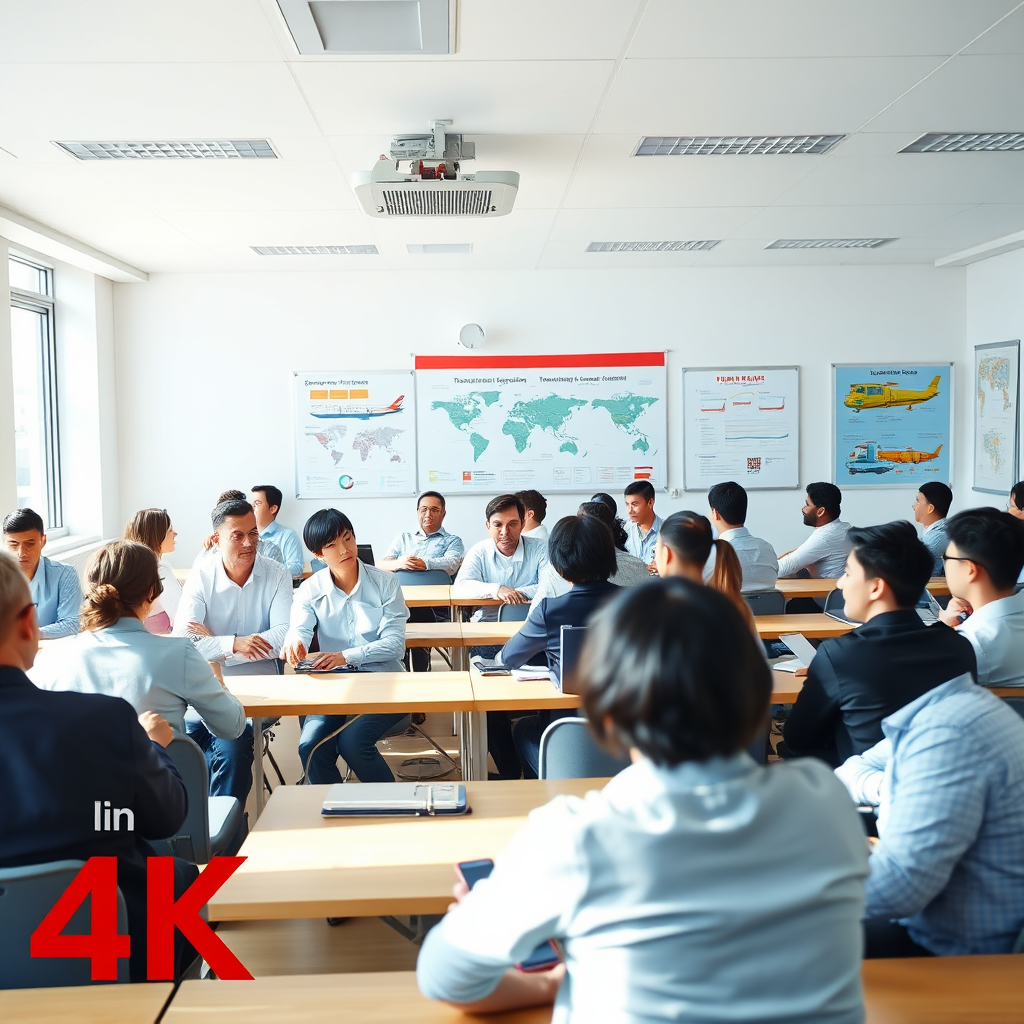 An engaging image depicting a classroom full of individuals learning about transportation logistics, complete with charts of various modes of transport on the walls. The room is well-lit with natural light, conveying a sense of inspiration. The color palette features soft blues and whites, creating a clean and professional atmosphere. The image captures the essence of learning and development, designed in 4K resolution.