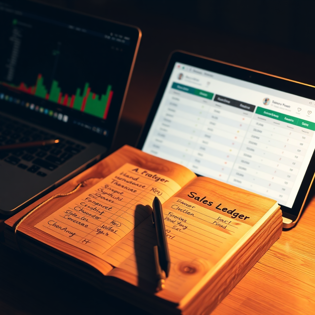 An engaging image depicting a wooden sales ledger with hand-written records, alongside a laptop displaying a sales tracking app. The warm light casts a cozy glow, highlighting the craftsmanship of the wood and the importance of the information recorded. This scene should represent the merge of artistry and business, rendered in stunning clarity.