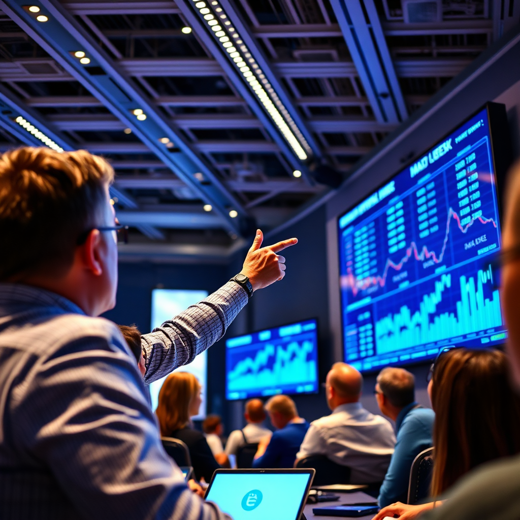 An engaging image featuring a financial expert pointing at a large wall screen during a presentation, illustrating various investment strategies. The setting is filled with modern technology, and the lighting is focused and dynamic, creating an atmosphere of excitement and discovery. The color scheme includes vibrant blues and whites, emphasizing clarity and focus. The camera angle captures a mix of audience reactions and visuals, enhancing the narrative of learning and mastery. It should be high-quality and clear.