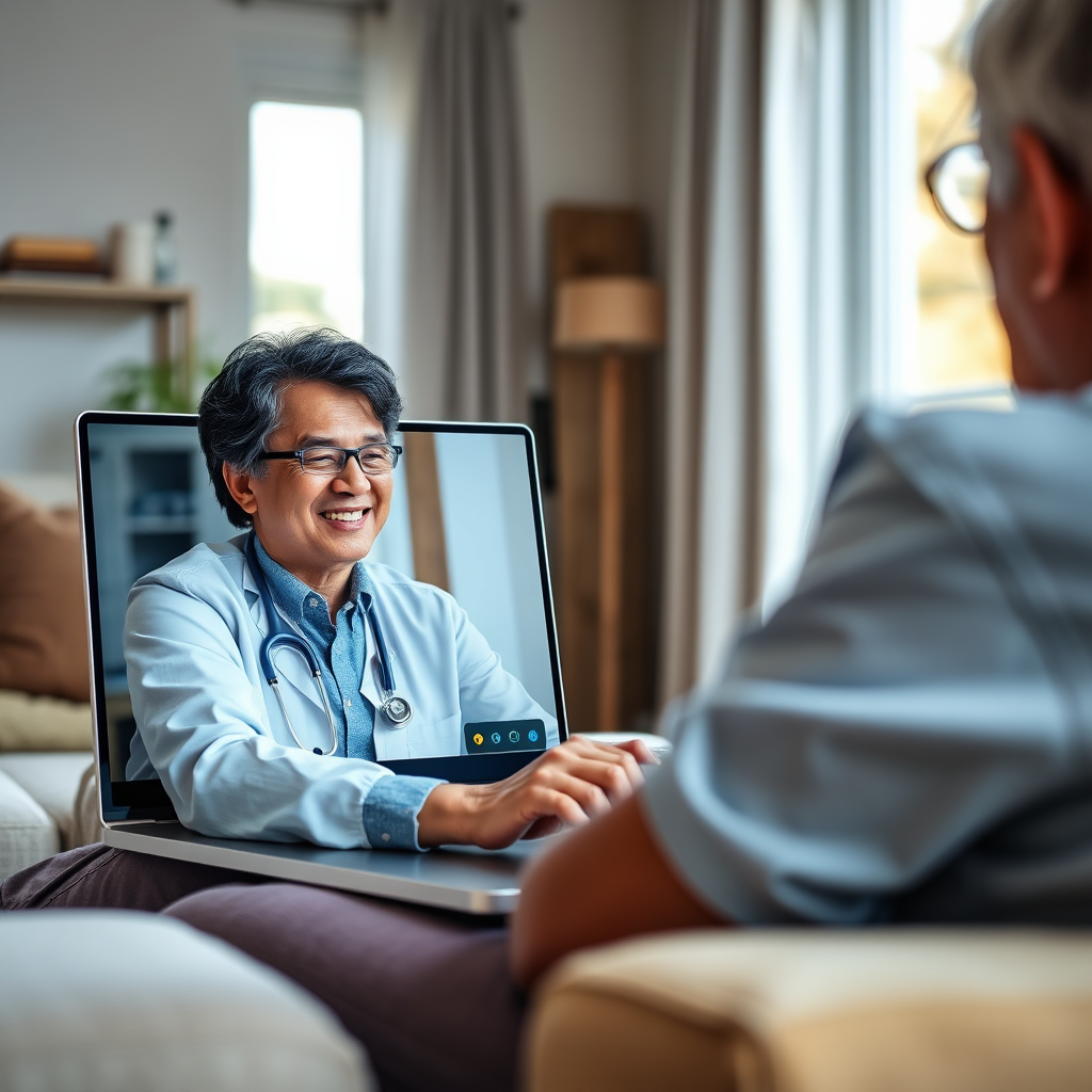An engaging image showing a patient engaging in a virtual consultation from their home, with a healthcare provider displayed on a laptop screen. The ambience should feel comfortable and inviting, with natural light and a homely setting. The camera angle captures the patient’s expression of relief and trust. Textures highlight warmth and reassurance. Technical specs are 4K resolution, high quality.