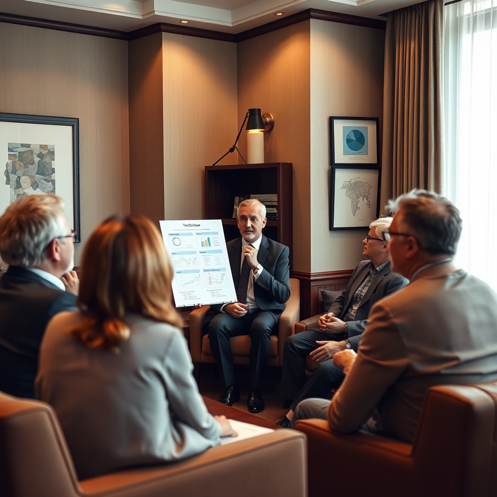 An engaging scene of an investment advisor giving a personalized presentation to a small group of clients in an upscale meeting room. The lighting is soft yet focused, creating an intimate atmosphere for discussion. The color scheme includes earthy tones, emphasizing comfort and commitment. The camera angle captures expressions of curiosity and engagement among clients, with relevant props including financial diagrams and lifestyles indicators. The overall style communicates trust, professionalism, and client-centered service.