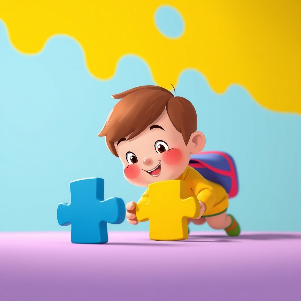 An illustration showing a child facing a small obstacle (e.g., a puzzle piece that doesn't fit) but approaching it with determination and a positive attitude. The color palette should be bright and encouraging, with pops of yellow and blue. The style should be stylized, reminiscent of a children's book illustration. The camera angle is slightly low, emphasizing the child's perspective. The textures should be smooth and appealing. Rendered in 4K resolution, high quality.