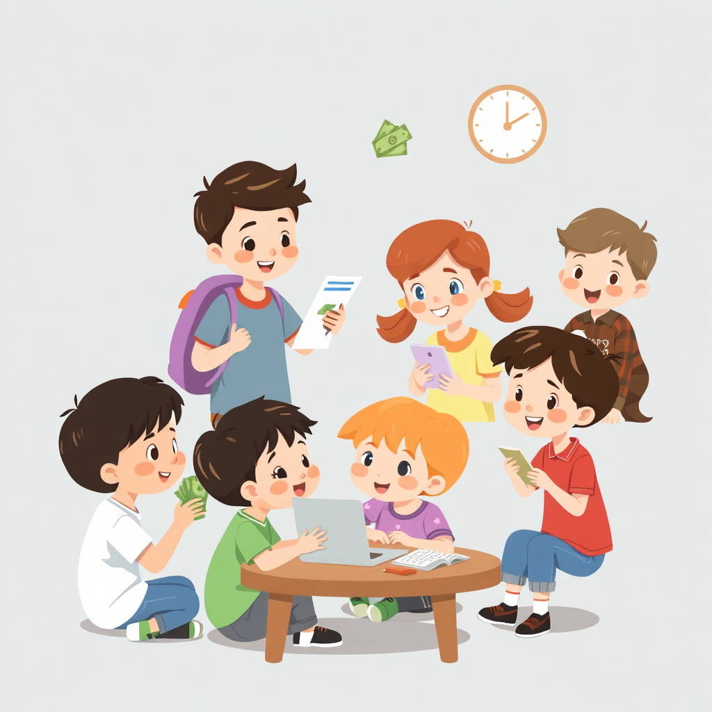 An illustration showing children engaging in various real-life scenarios - managing money, communicating effectively, organizing their time - in a playful and engaging manner. The style is approachable and relatable. 4K resolution, high quality.