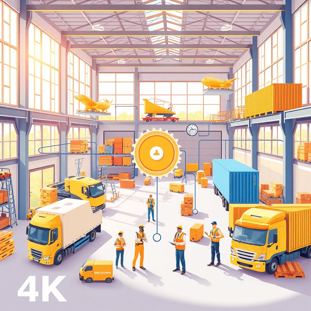 An illustrative image displaying the interconnected components of logistics management, with visuals of warehouses, trucks, and shipping containers. The setting is bright, infused with natural light flowing in from large windows of a warehouse. The color palette features bright yellows and blues, enhancing the feeling of energy and productivity. The image showcases various professionals engaged in logistics tasks, creating a vibrant and engaging atmosphere, rendered in 4K.