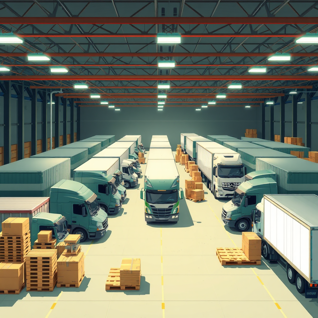 An illustrative image of various trucks lined up at a distribution center, surrounded by pallets and loading areas. The lighting is bright and functional, showcasing the organized chaos of ground logistics. The color palette includes heavy greens and browns, grounding the image in a work environment. This visual representation should communicate efficiency in land-based transportation, developed with high-quality detail.