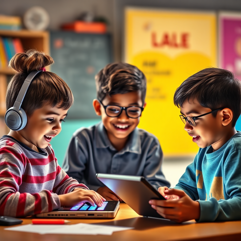 An image of children learning various skills - coding, public speaking, problem-solving - depicted in a fun and engaging manner using interactive tools. The scene is brightly lit and colorful, emphasizing the joy of learning. The style is modern and stylized. 4K resolution, high quality.