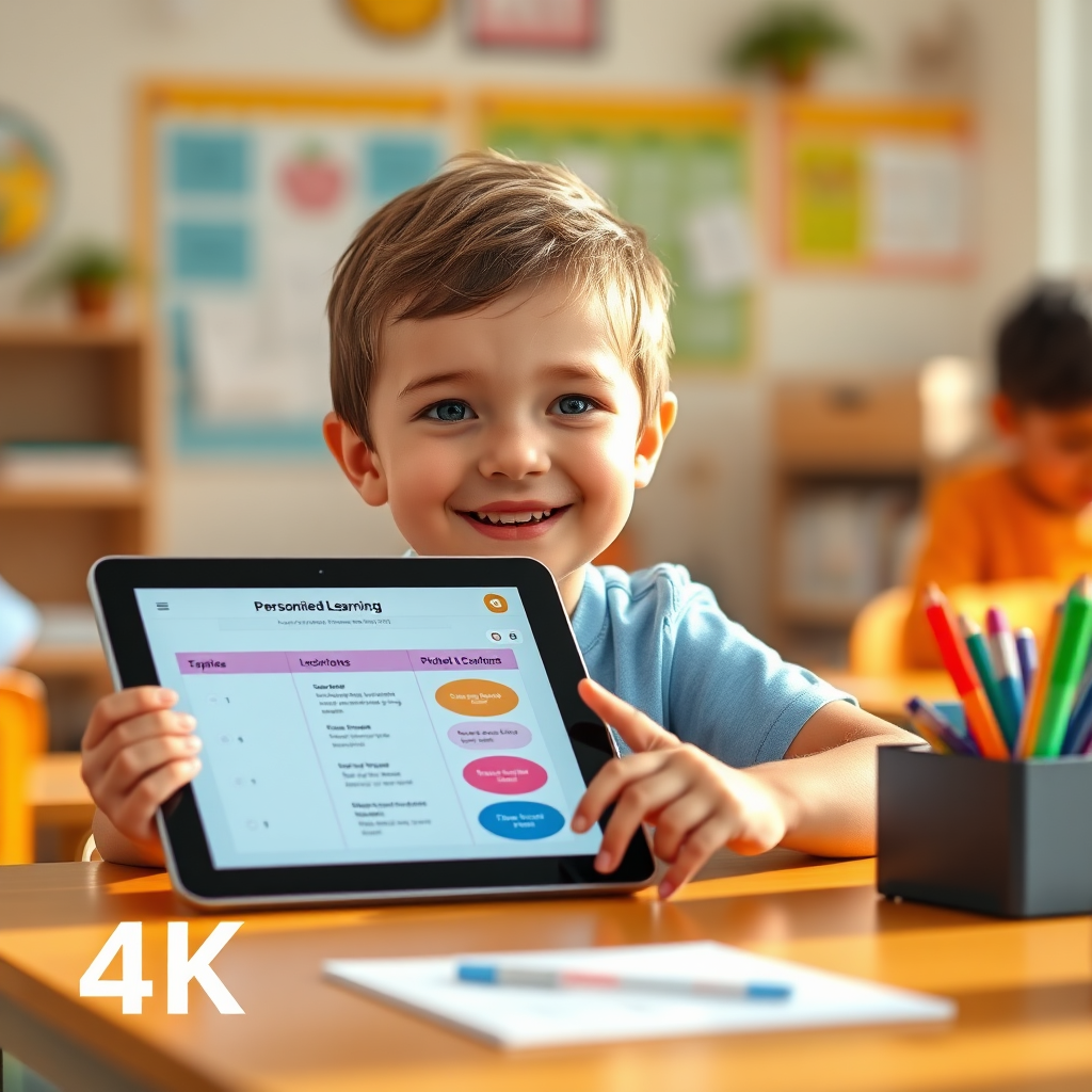 An image showing a child sitting at a desk with a personalized learning plan displayed on a tablet. The scene is brightly lit and inviting, with a focus on the child's engagement and enthusiasm. Use a warm color palette and a high-quality rendering in 4K resolution.