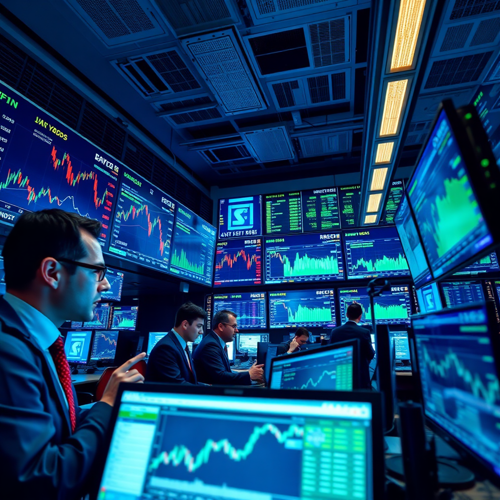 An impactful image depicting investment analysts in a fast-paced trading environment, analyzing market trends on multiple screens. The lighting is bright and energetic, highlighting the urgency and excitement of the trading floor. The color palette combines high-contrast tones, with deep blues and glowing greens representing technology and finance. The camera angle can be slightly elevated, capturing a wide view of the workspace filled with charts and monitors, enhancing its dynamic nature. The style reflects a high-energy atmosphere, in realistic detail.