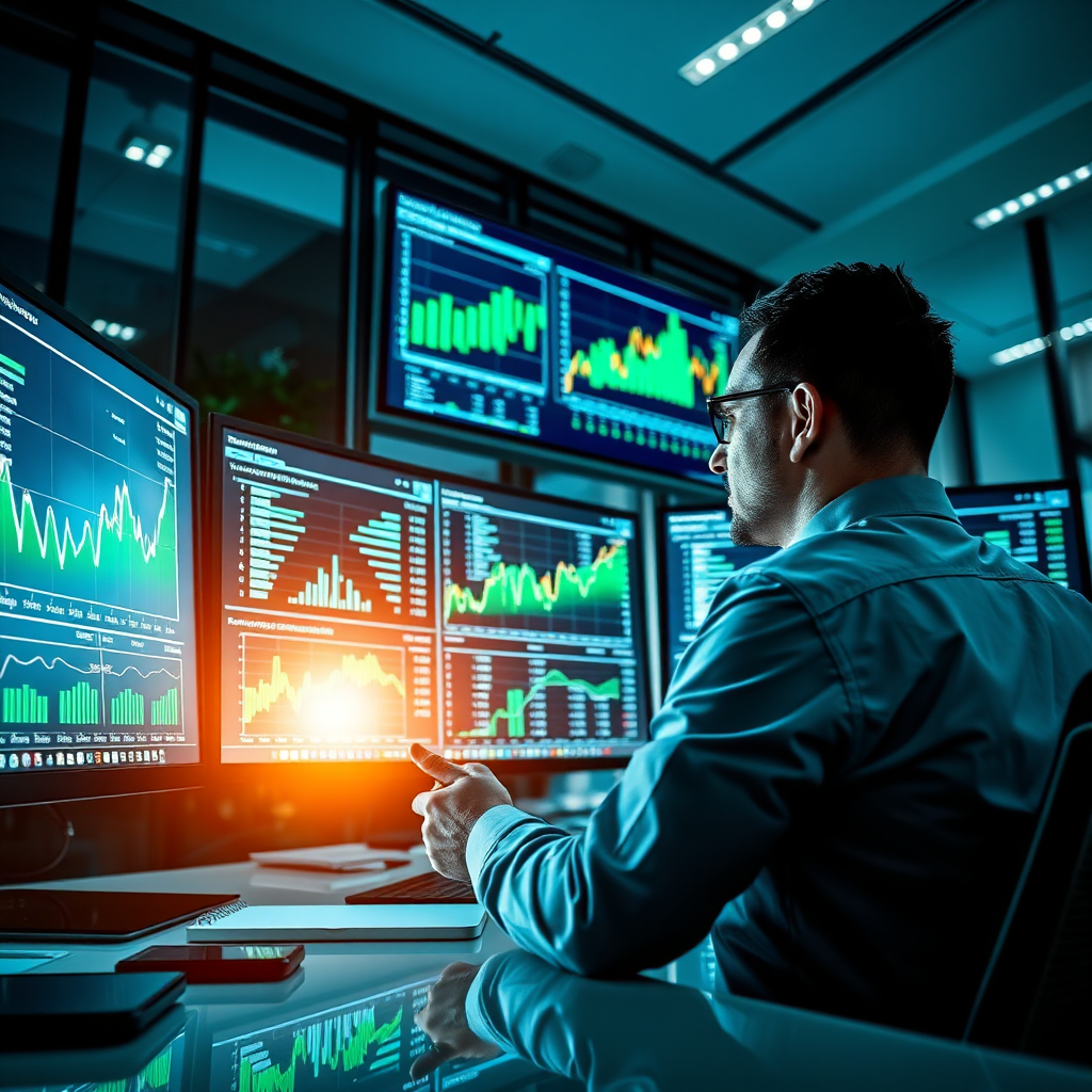 An impactful image showcasing a financial manager analyzing client portfolios on large monitors in a modern office. The lighting is bright, with a touch of drama to highlight the screens filled with graphs and charts. The color palette includes deep blues and greens, representing stability and growth. The camera angle adds a dynamic perspective, capturing the focus and intensity of the work environment, while textures such as glass surfaces and smart devices complement the high-quality aesthetic.