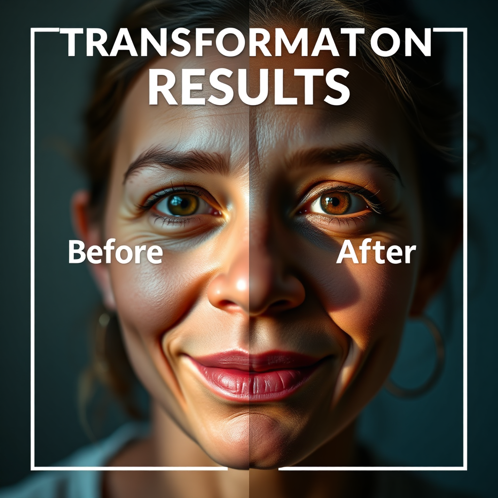 An impactful photorealistic image illustrating transformational results, featuring a patient before and after receiving care from GHC. The lighting highlights the positive changes, with contrasting color palettes to represent the journey. The focus is on facial expressions showcasing the transformation. The beauty of individual stories is captured through thoughtful details. Technical specs: 4K resolution, high quality.