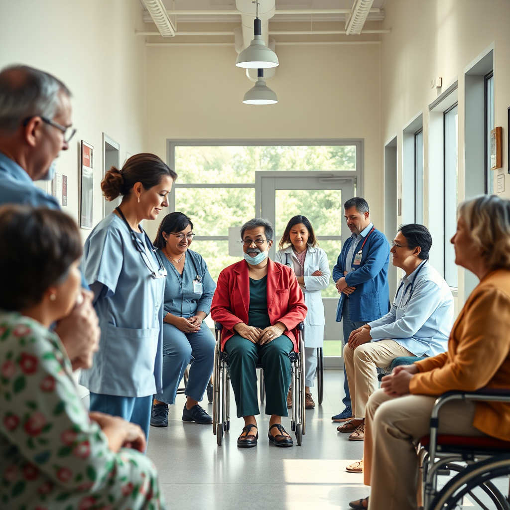 An inspirational photorealistic image showing diverse individuals receiving healthcare services within a community center. Soft, natural lighting creates a feeling of inclusiveness and warmth with a dynamic composition highlighting the interaction between staff and clients. The color palette emphasizes accessibility with bright, uplifting colors. The camera angle captures a broad perspective of the center, showcasing various activities and care being provided. Technical specs: 4K resolution, high quality.