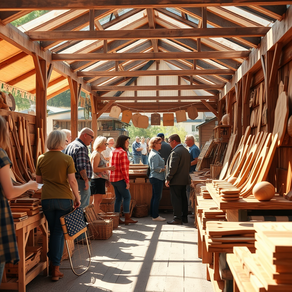 An inviting image depicting a local craft fair scene with a wooden stall displaying handmade woodworking products. The atmosphere is bustling with customers admiring the crafts, enhanced by natural sunlight. The color palette incorporates earth tones, with the grains of the wooden products standing out. This scene conveys community engagement and enthusiastic customer interaction in high-resolution detail.