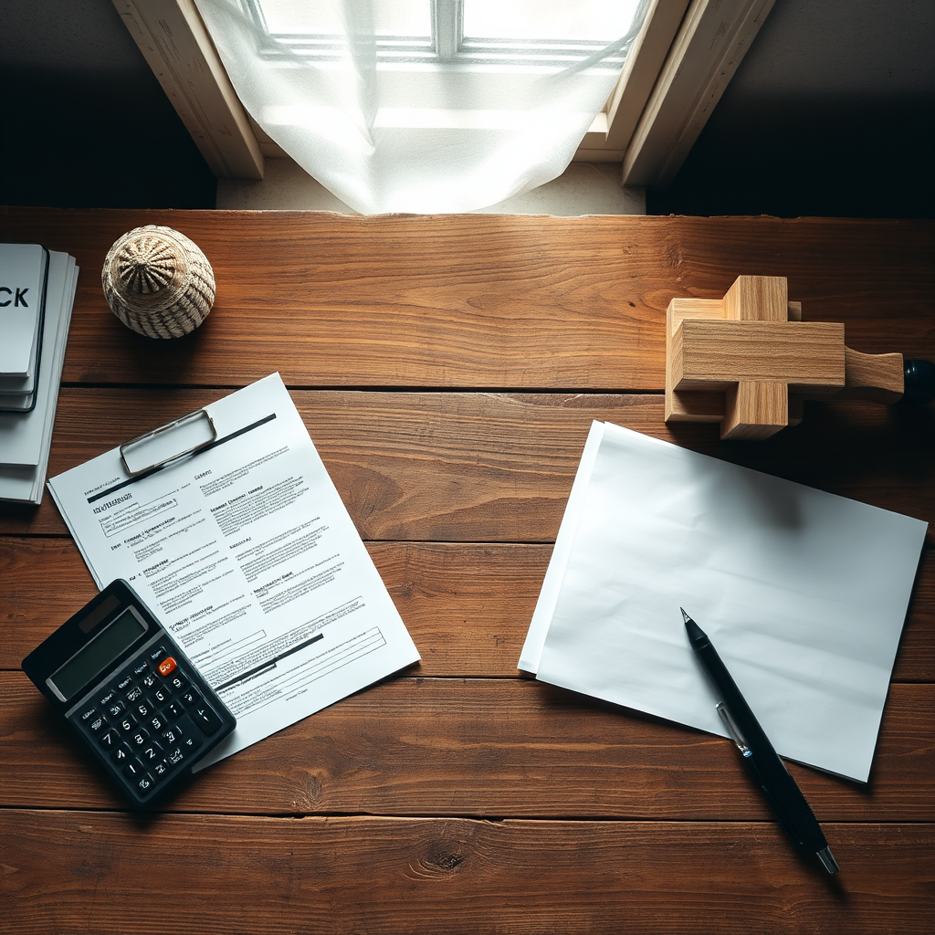 An overhead shot of a rustic wooden desk scene containing financial documents, a calculator, and a handmade wood project. The natural light coming from a window illuminates the desk, adding warmth. The textures of the wood and paper contrast beautifully, symbolizing the merging of art and business. This scene should evoke a professional atmosphere, presented in stunning detail.