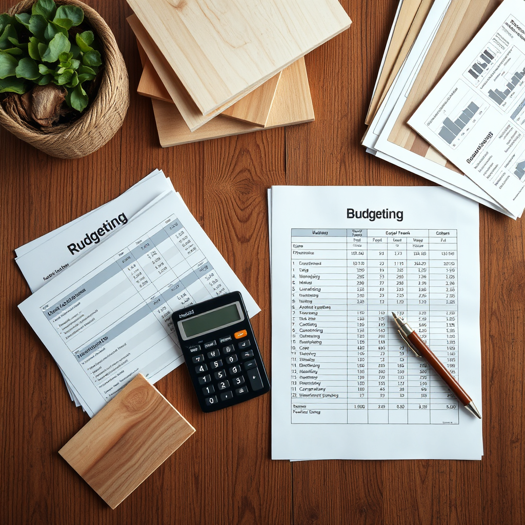 An overhead shot showing a wooden table with budgeting sheets, a calculator, and wooden samples. The environment is softly lit, emphasizing the textures of the wood and paper. The composition conveys a sense of professionalism blended with creativity, creating an effective and engaging visual layout in high resolution.