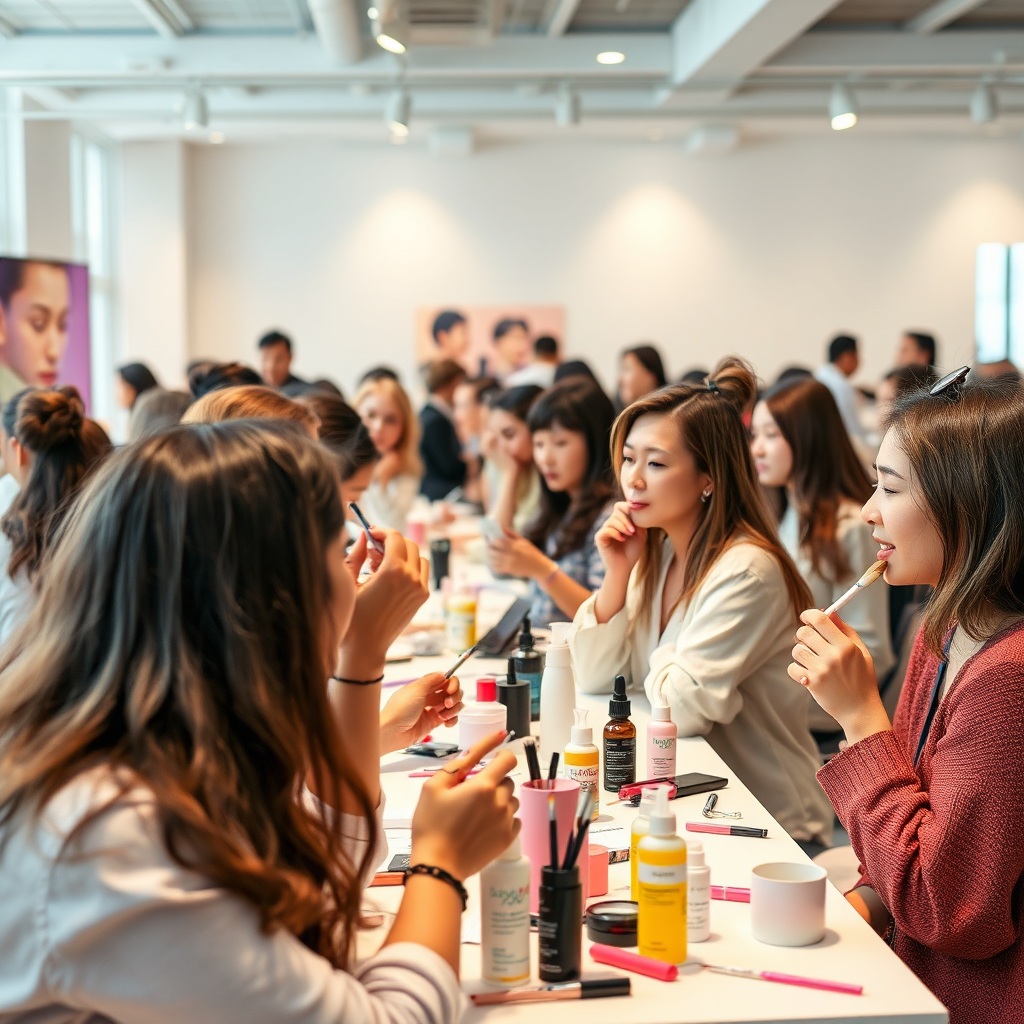 Craft a lively image depicting a beauty workshop in session, with participants actively engaging in learning and practicing beauty techniques. The atmosphere should be bright and dynamic, capturing the excitement and camaraderie among attendees. Utilize vibrant props like skincare products and tools to create a sense of hands-on interaction. Ensure the image quality is high, aiming for 4K resolution.