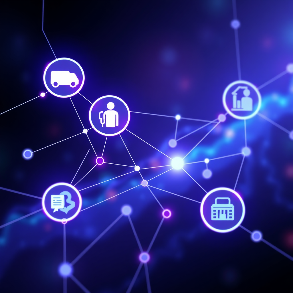 Create a conceptual image representing the seamless integration of services. Use interconnected nodes representing transportation, healthcare, research, and employment. Lines should flow between the nodes. Use a bright, modern color palette. 4K resolution, stylized design. Consider inspiration from network visualization graphs.