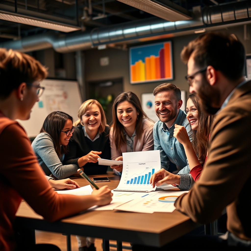 Create a dynamic image of a workshop in action, where participants are enthusiastically planning and setting goals as a team. The setting should be filled with visual cues like charts and graphs representing progress. Use bright, motivating colors that reflect ambition and teamwork. Focus on expressions of enthusiasm and determination, ensuring the image is captured in high fidelity.