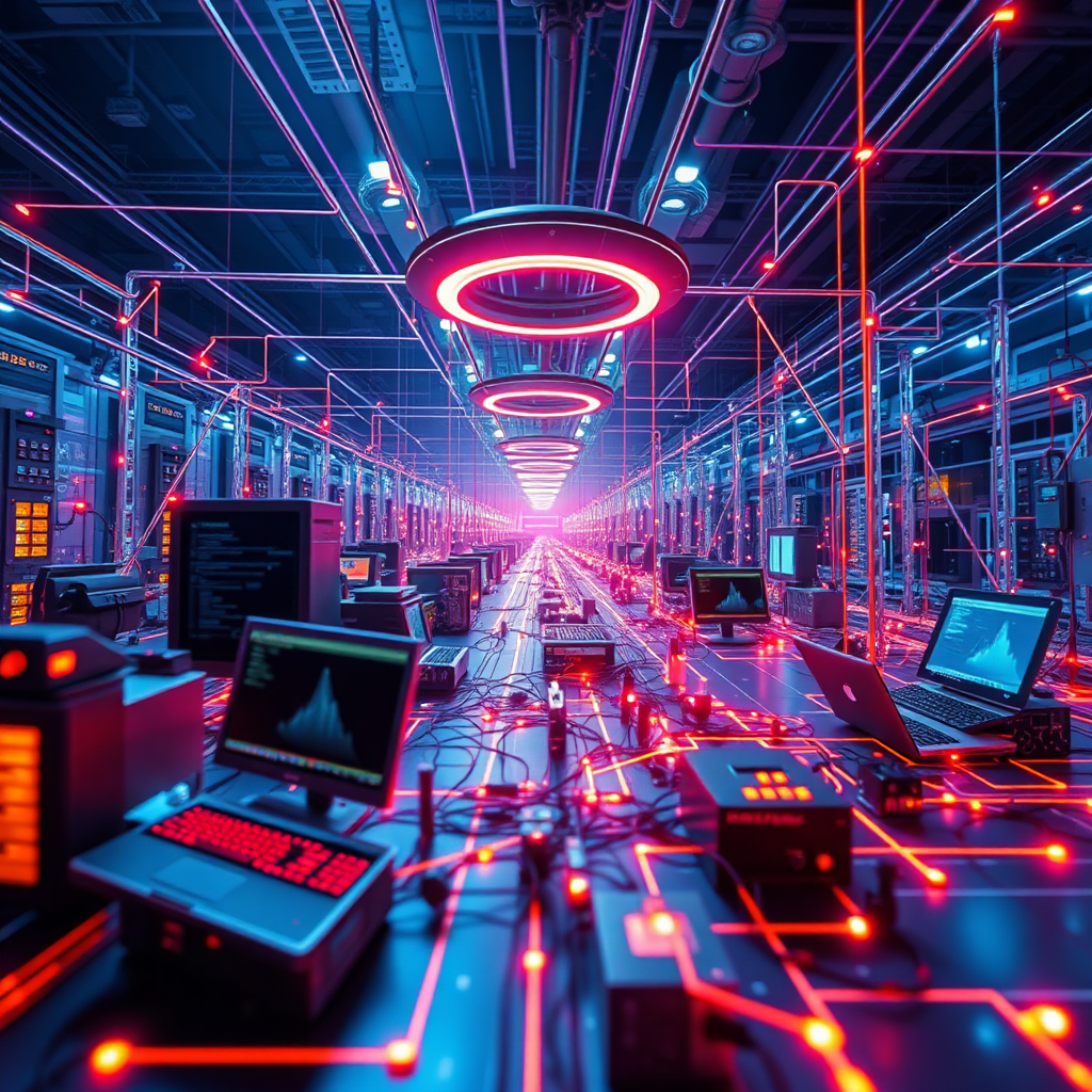 Create a futuristic image representing technology integration. The scene should depict a network of interconnected devices and systems, all working together seamlessly. The lighting should be bright and vibrant, with a focus on innovation and connectivity. The color palette should be dominated by blues, purples, and oranges, representing technology and progress. The camera angle should be a wide shot, capturing the scale and complexity of the network. Style reference: Visualizations of the internet and cloud computing.