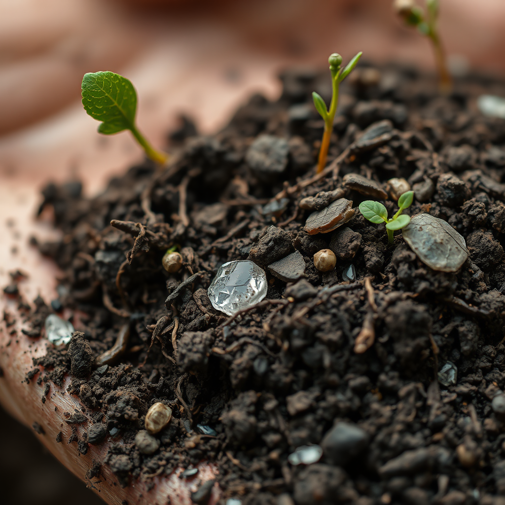 Create a macro photograph of a handful of rich, dark soil teeming with life. Show intricate details of soil structure, including root systems, microorganisms, and organic matter. The lighting should be soft and diffused, highlighting the textures and colors of the soil. Include a subtle, abstract representation of nutrient cycles within the soil. Style: hyperrealistic macro photography with a focus on detail and texture.