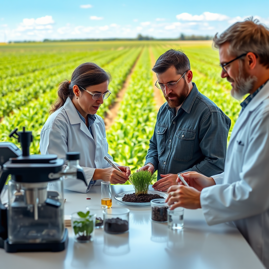 Create a photorealistic 4K image depicting a diverse team of agricultural scientists and farmers collaborating in a state-of-the-art research lab. The scene should emphasize collaboration and innovation. Scientists are analyzing soil samples and crop data, while farmers share their practical insights. The lighting should be bright and natural, highlighting the clean and modern lab environment. In the background, a stylized representation of a healthy crop field under a clear blue sky. The color palette should be warm and inviting, with greens, blues, and earth tones dominating. Include visual elements representing Agricultural Center , Agricultural Research, Crops,Soil, Agricultural  Equipments. Style reference: modern, collaborative, and forward-thinking.