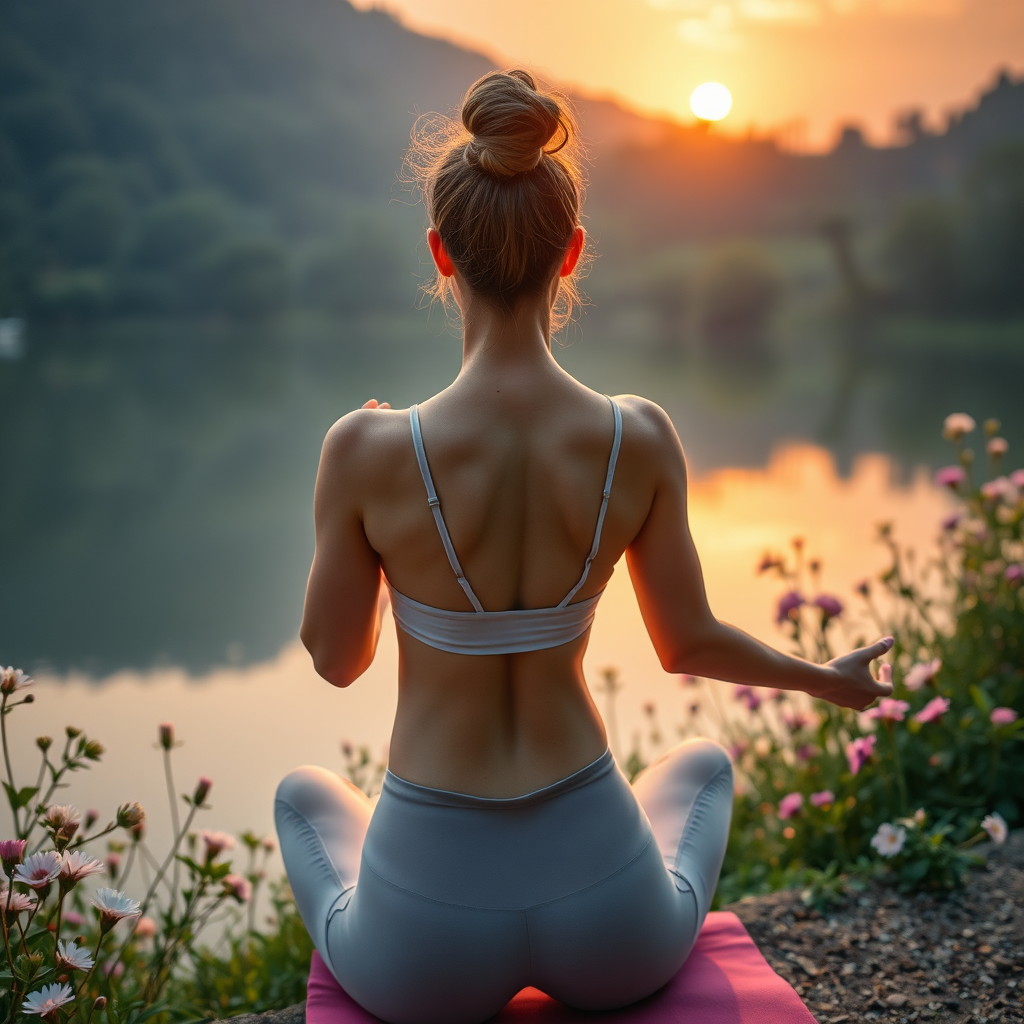 Create a photorealistic header image that embodies 'Trendz Health and Lifestyle,' focusing on health and wellness. The composition should include a serene setting with a person practicing yoga at sunrise near a calm lake, surrounded by lush greenery and blooming flowers. Use soft, warm lighting to reflect tranquility and peace, with a color palette of soft pastels. Capture the texture of the person’s clean, glowing skin, as well as the serenity of nature. The camera angle should be slightly overhead to include both the individual and the beautiful environment. The technical specs should be 8K resolution with hyperrealistic detail, emphasizing beauty, health, and lifestyle themes.