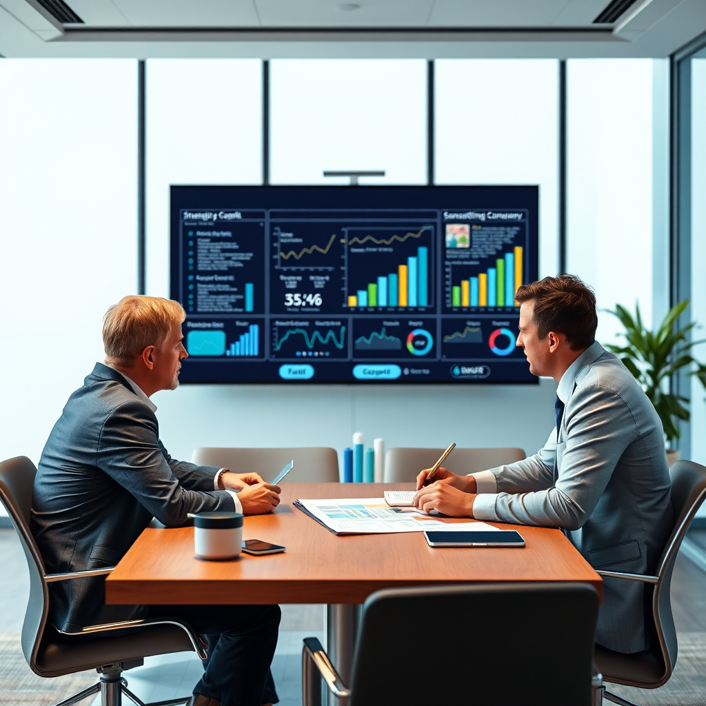 Create a photorealistic image representing strategic consulting. The scene should depict business professionals engaged in a brainstorming session around a table with charts and graphs displayed on a screen. The lighting should be bright and focused, with a sense of collaboration and innovation. The color palette should be dominated by blues, greens, and golds, representing knowledge, growth, and success. The camera angle should be a medium shot, capturing the interaction and expertise of the consultants. Style reference: Images from consulting firms like McKinsey & Company and Boston Consulting Group.