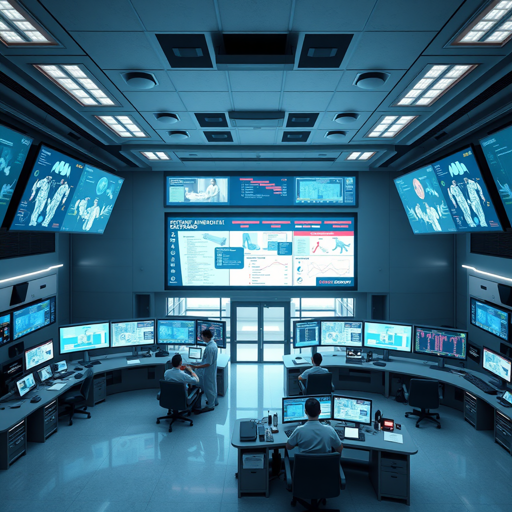 Create a photorealistic image of a hospital's central command center. The scene should depict personnel monitoring patient flow, resource allocation, and emergency response systems on large screens. The lighting should be efficient and focused, with a sense of urgency. The color palette should be dominated by blues, greys, and reds, representing information and responsiveness. The camera angle should be a high shot, capturing the scale and complexity of hospital management. Style reference: Command centers from TV shows like 'ER' and 'Grey's Anatomy'.