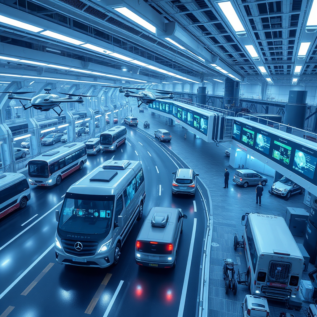 Create a photorealistic image of a modern transportation logistics center. The scene should depict autonomous vehicles, drone delivery systems, and a central control room monitoring operations. The lighting should be bright and efficient, with a focus on technology and automation. The color palette should be dominated by blues, greys, and silvers, representing speed and precision. The camera angle should be a high shot, capturing the scale and complexity of the operation. Style reference: Futuristic transportation hubs depicted in sci-fi movies.