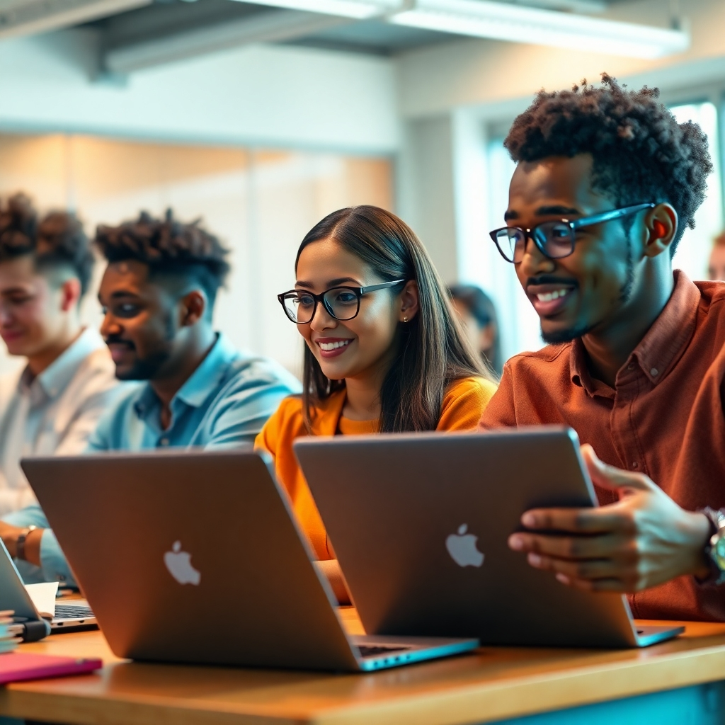 Create a photorealistic image depicting diverse individuals actively engaged in an AI training program, utilizing laptops and other modern technology.  The image should be set in a bright and modern classroom environment, conveying a sense of excitement and learning. The lighting should be natural and bright, with warm tones predominating.  The color palette should include shades of blue, representing knowledge and innovation, as well as greens, representing growth and development. The camera angle should be slightly elevated, showing the participants from a dynamic perspective.  The textures should be crisp and clear, highlighting the details of the technology being used and the expressions of the participants. The style should be modern and dynamic, reflecting the innovative nature of AI training. The image should be in high quality, 4K resolution.