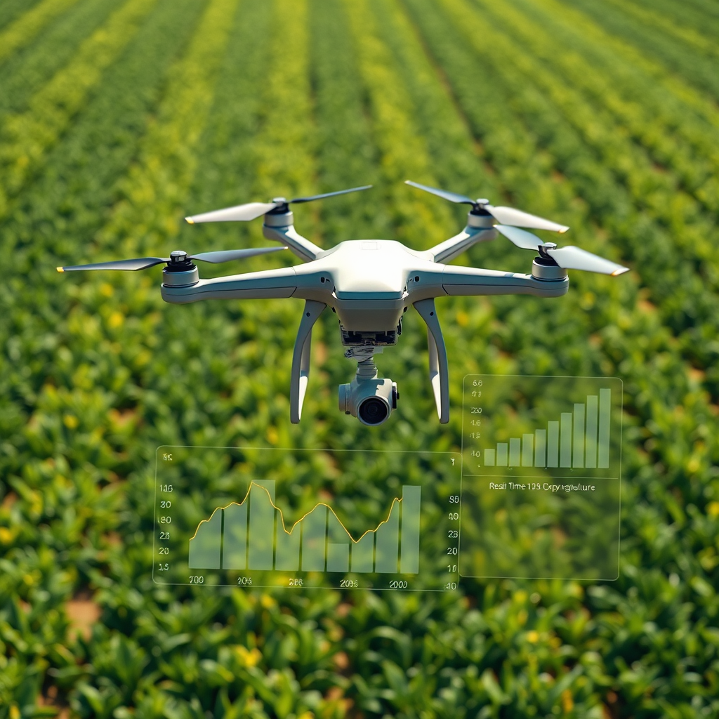 Create a photorealistic image of a drone flying over a vast agricultural field, capturing detailed data on crop health. The field should be vibrant and green, with subtle variations in color indicating different levels of crop health. The drone should be equipped with advanced sensors and cameras. Overlay a transparent data visualization showing real-time crop health metrics. The lighting should be bright and sunny, showcasing the clarity and detail of the data. Camera angle: slightly high, emphasizing the scope of the field and the drone's perspective. Style reference: modern precision agriculture imagery.