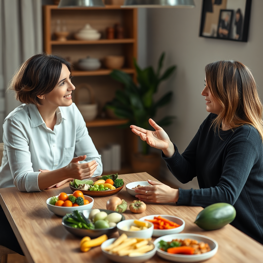 Create a photorealistic image of a nutrition coaching session where an expert is providing advice and insights to a client seated at a cozy table with healthy foods. The composition should emphasize the connection and focus between the two individuals, with details on nutritious elements showcased. The environment should feel friendly and supportive, captured in high-quality 4K resolution.