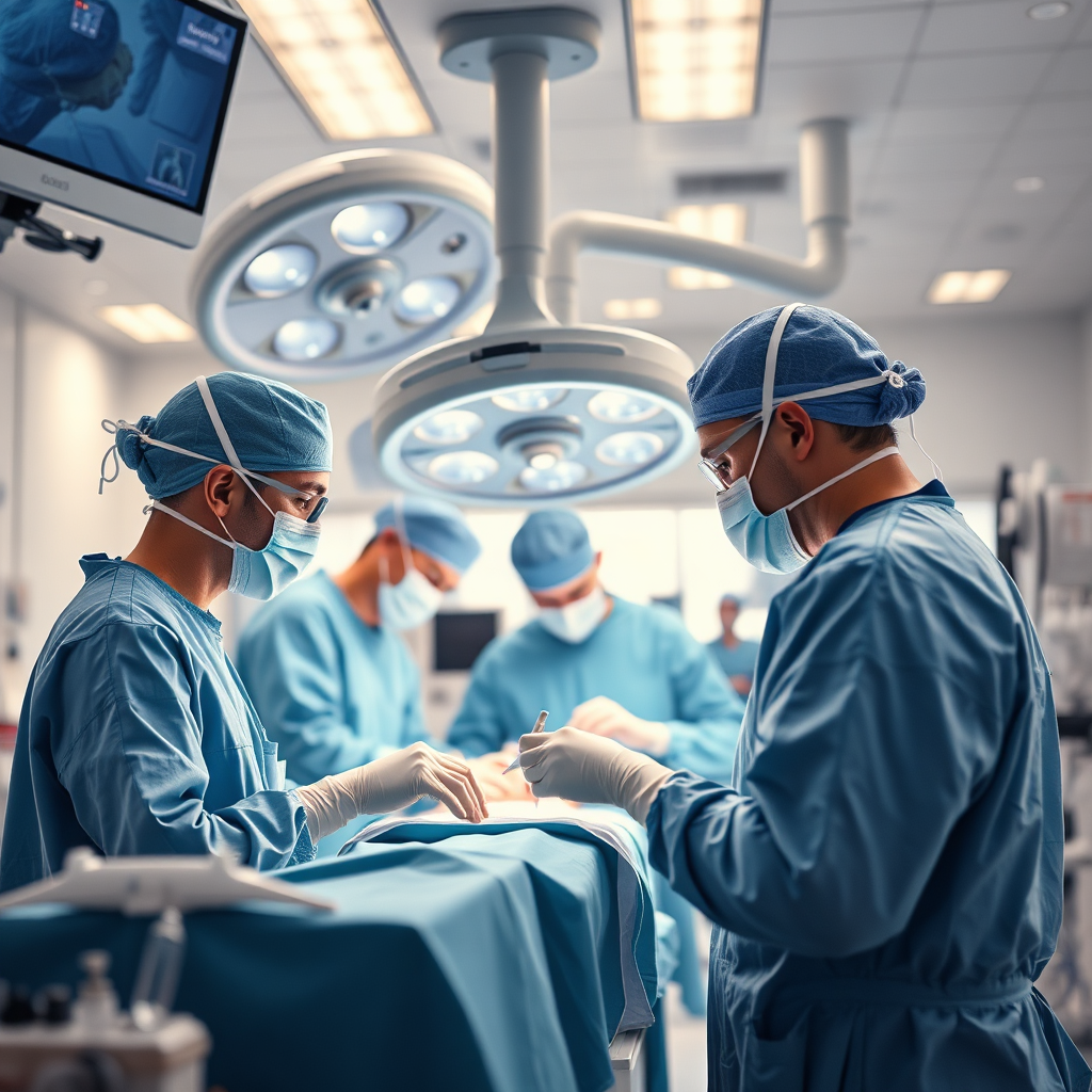 Create a photorealistic image of a modern hospital operating room, depicting medical professionals using advanced equipment to perform a surgery. The scene should convey a sense of precision and expertise. The lighting should be bright and sterile, with a focus on patient safety. The color palette should be dominated by blues, greens, and whites, representing health and cleanliness. The camera angle should be a medium shot, capturing the dedication and skill of the medical team. Style reference: Images of operating rooms from leading hospitals.