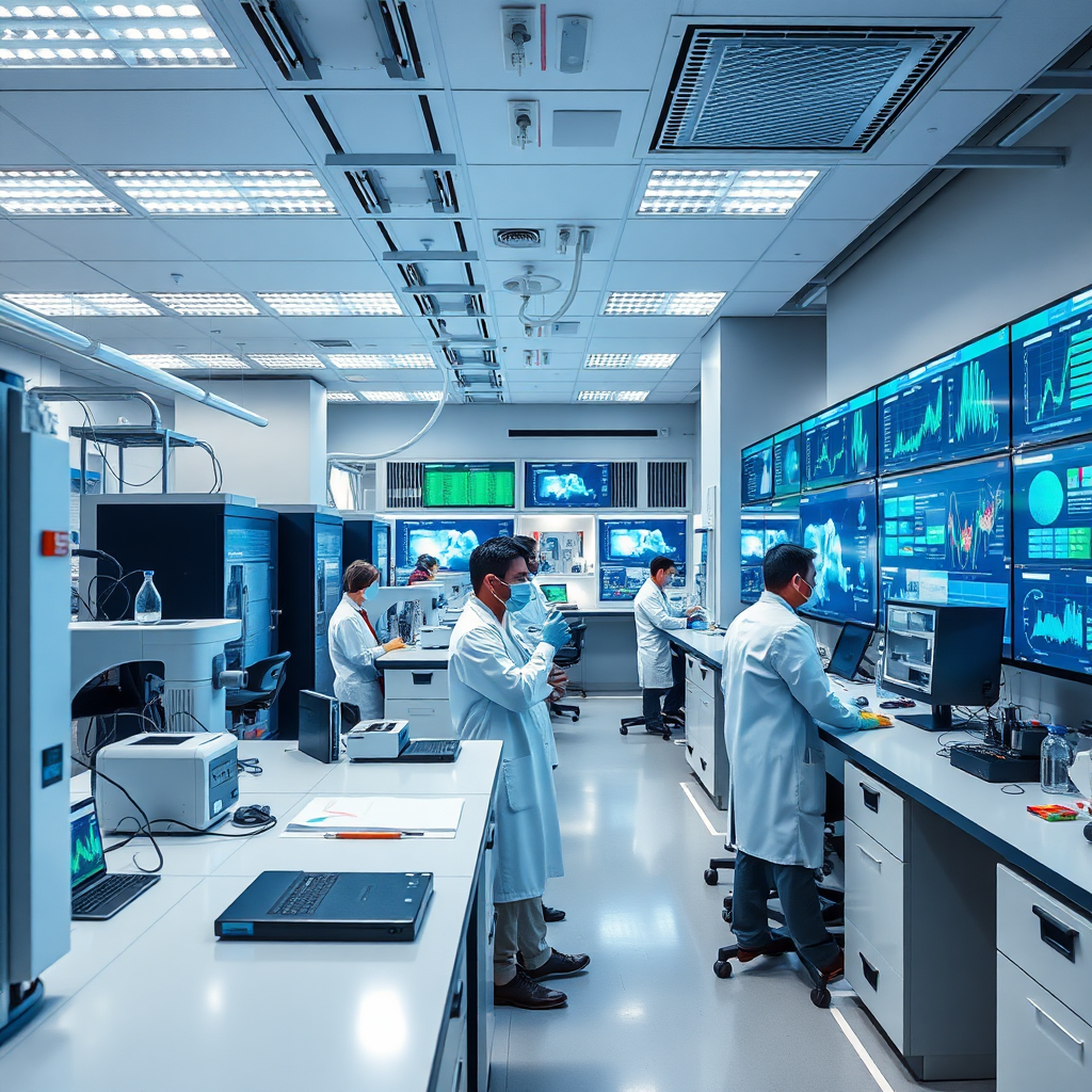 Create a photorealistic image of a state-of-the-art research laboratory. The scene should depict scientists working with advanced equipment, analyzing data on large screens, and collaborating on research projects. The lighting should be bright and focused, with a focus on accuracy and innovation. The color palette should be dominated by blues, greens, and whites, representing knowledge and discovery. The camera angle should be a medium shot, capturing the dedication and expertise of the researchers. Style reference: Images of research labs at MIT and Stanford.