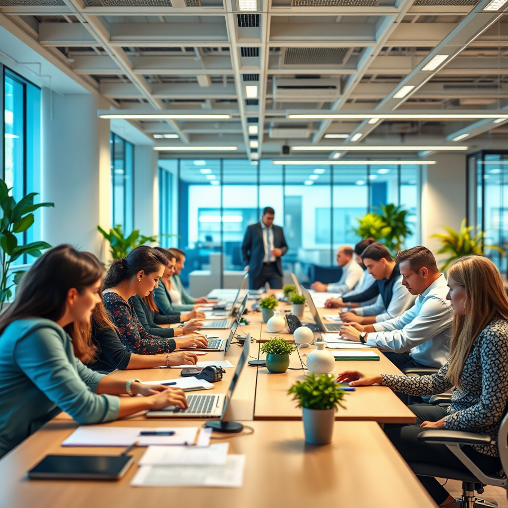 Create a photorealistic image of a modern office environment, depicting employees working collaboratively on various projects. The scene should convey a sense of productivity and teamwork. The lighting should be bright and inviting, with a focus on employee well-being. The color palette should be dominated by blues, greens, and yellows, representing growth and collaboration. The camera angle should be a medium shot, capturing the interaction and dedication of the employees. Style reference: Images of modern office environments from companies like Google and Microsoft.