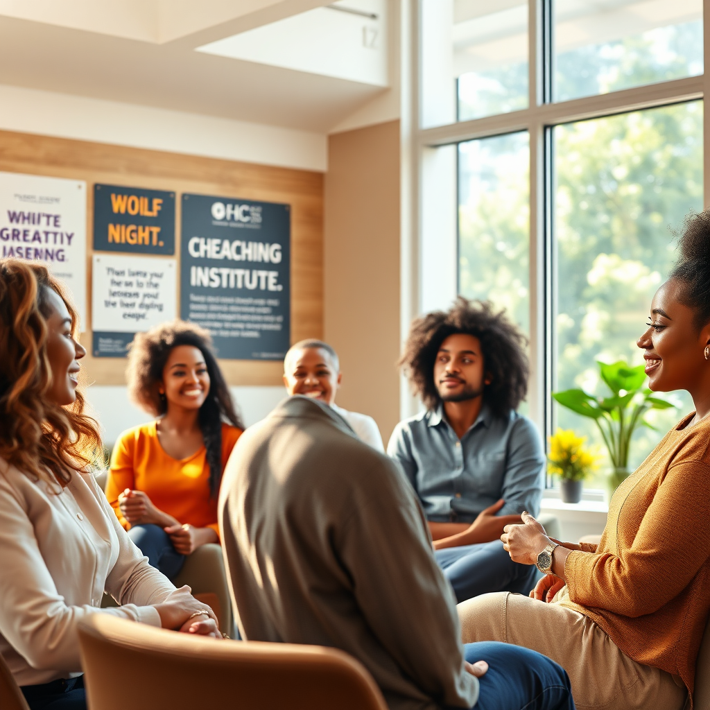 Create a photorealistic, ultra-high quality header image representing GHC SUCCESS MOTIVATIONAL INSTITUTE. The scene should include a diverse group of individuals engaged in uplifting coaching sessions, with bright natural lighting flooding in from large windows, a calm and inspiring environment filled with motivational quotes and growth-oriented visuals. The color palette should evoke positivity, with warm hues and vibrant accents. Capture the essence from a slightly elevated angle to emphasize engagement and interaction. Use hyperrealistic techniques to ensure textures of the environment, facial expressions, and body language are portrayed in stunning detail, aiming for an 8K resolution.