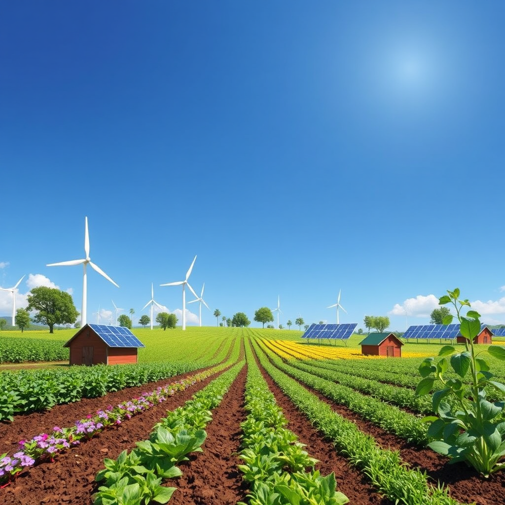 Create a scene showing a diverse array of crops being grown using sustainable farming practices, such as cover cropping and no-till farming. Include elements like wind turbines and solar panels to represent renewable energy. The scene should be vibrant and lush, with a clear blue sky and healthy soil. The overall tone should be optimistic and hopeful. Style: sustainable agriculture advocacy.