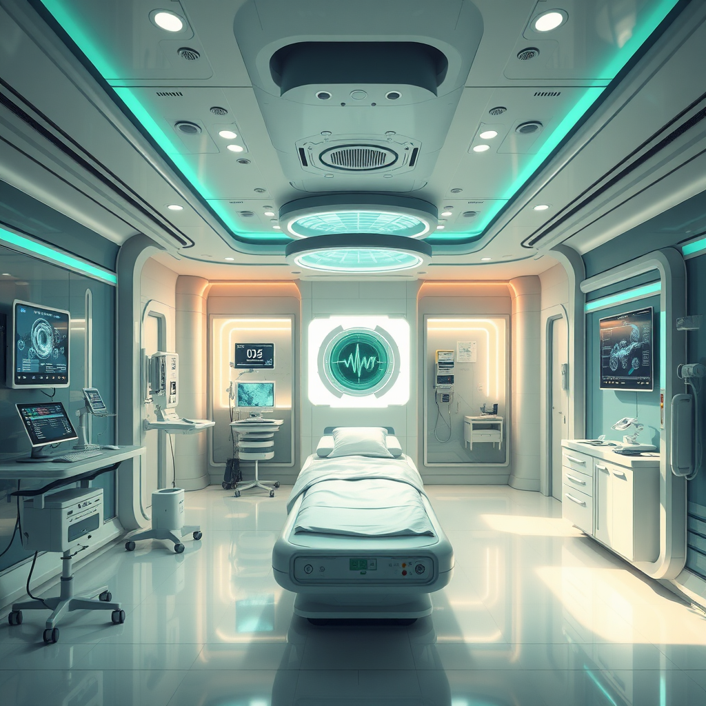 Create a stylized image of a futuristic hospital room. The room should feature advanced medical equipment, holographic displays, and a comfortable environment for patients. The lighting should be soft and soothing, with a focus on healing and well-being. The color palette should be dominated by greens, blues, and whites, representing health and serenity. The camera angle should be a medium shot, capturing the advanced technology and patient-centered design. Style reference: Interiors of futuristic hospitals depicted in concept art.
