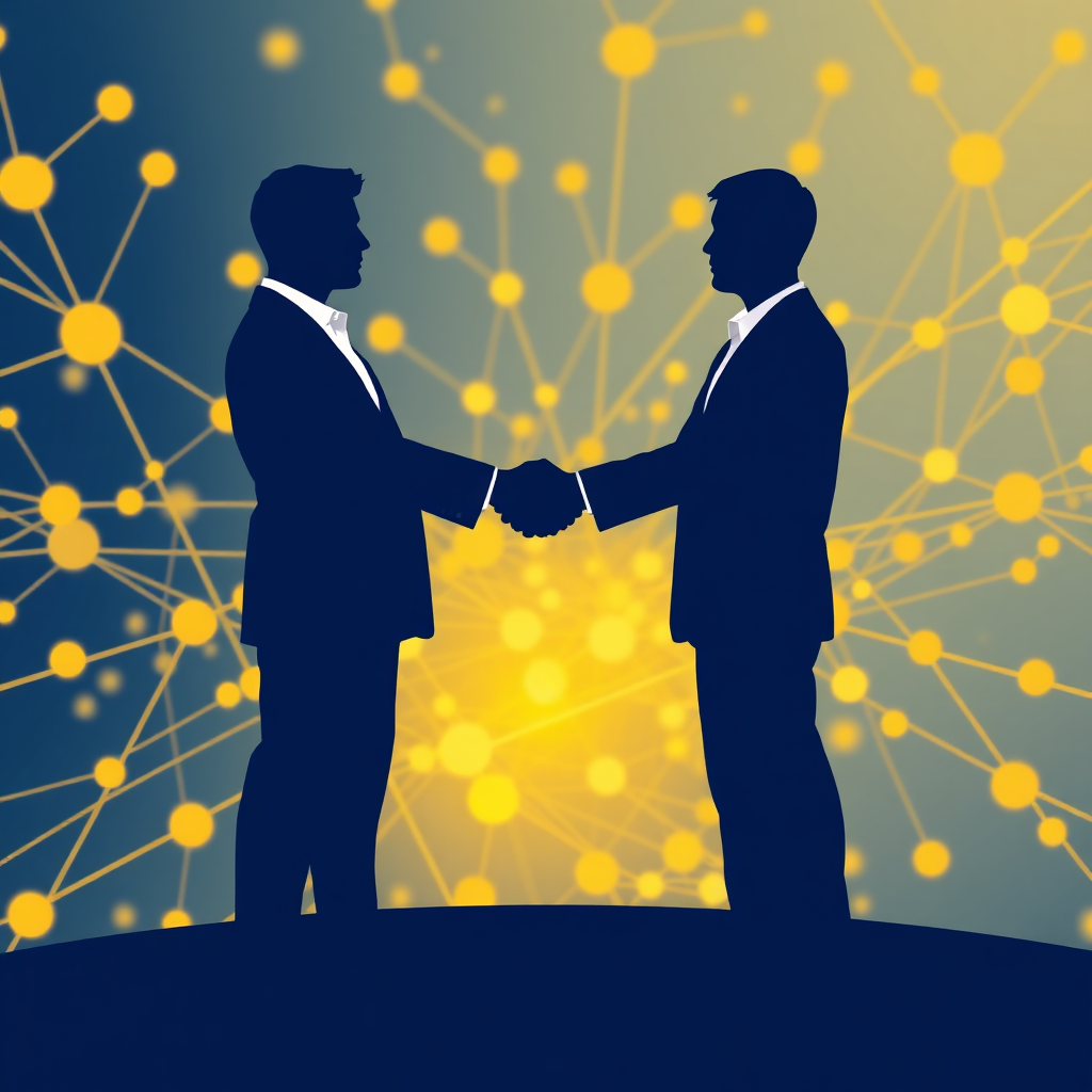 Create a stylized image representing a handshake between two figures, symbolizing a strategic partnership. The figures should be silhouetted against a backdrop of interconnected networks and data streams. The color palette should use bold blues and golds to represent trust and success. 4K resolution. Style reference: Corporate partnership visuals.