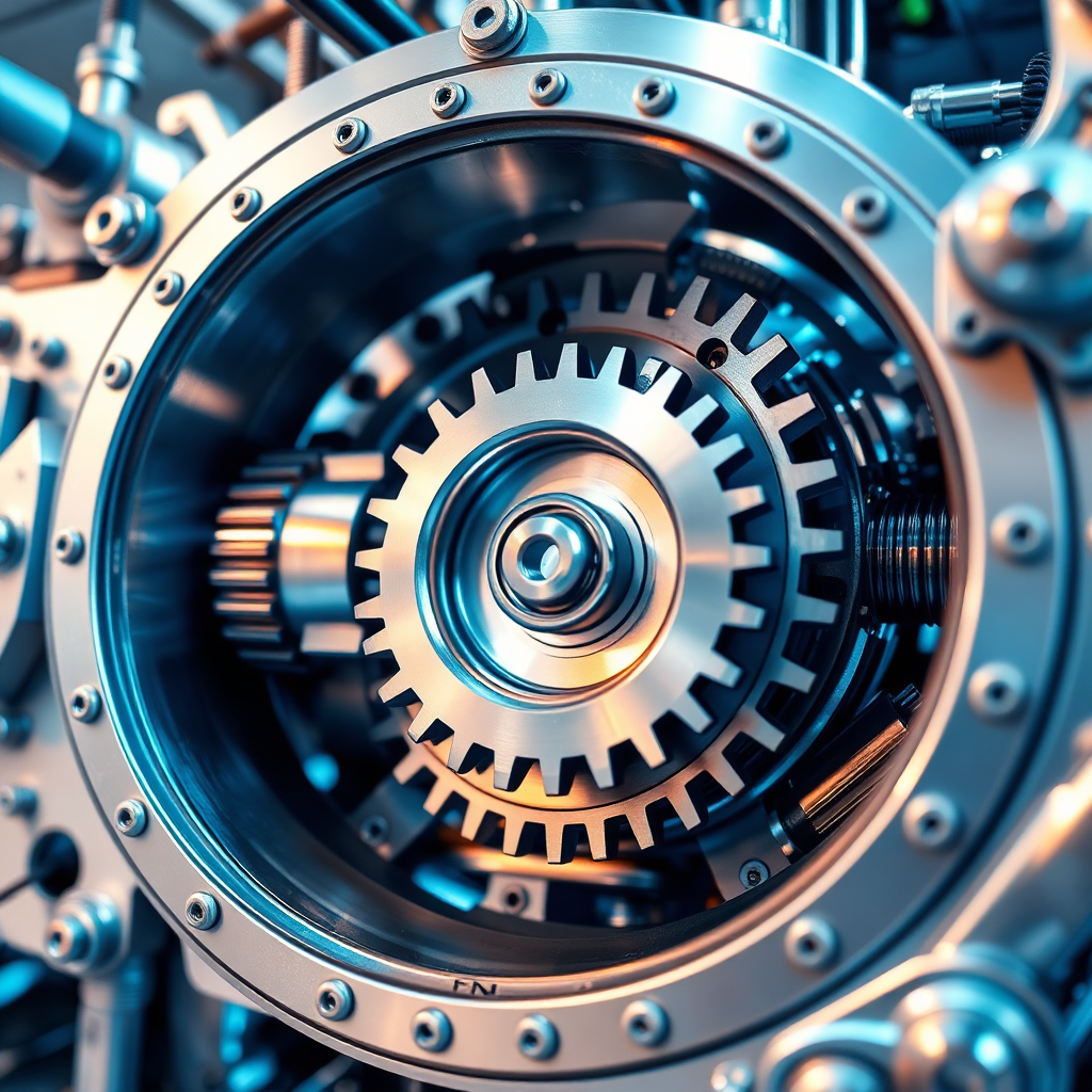 Create a stylized image representing operational efficiency. The image should depict a well-oiled machine with interconnected gears and cogs, all working in perfect harmony. The lighting should be bright and efficient, with a focus on technology and automation. The color palette should be dominated by blues, silvers, and greens, representing precision and efficiency. The camera angle should be a close-up shot, capturing the intricate details of the machine. Style reference: Visualizations of complex systems and processes.