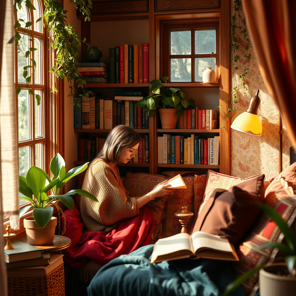Create a vibrant image of a cozy reading nook where an individual is journaling and reflecting on personal growth. The setting should be warmly lit, with books, plants, and comfortable seating contributing to a peaceful atmosphere. Capture the textures of the rich fabrics and materials and ensure the details of the journaling process are clear. Achieve high quality with 4K resolution.