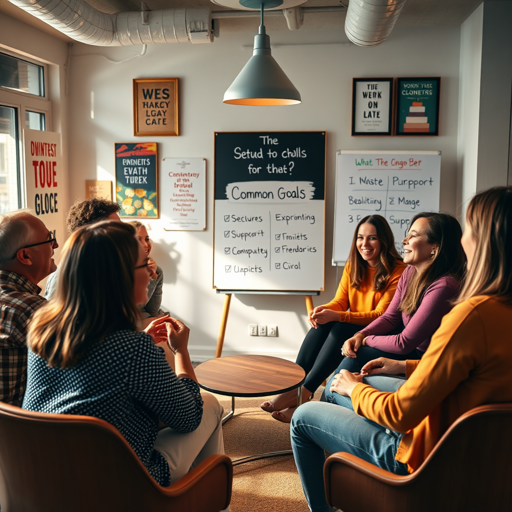 Create a visual representation of a group coaching workshop where individuals are sharing experiences and supporting one another in a circle. Capture a warmly-lit atmosphere filled with smiles, laughter, and camaraderie. The space should be decorated with motivational posters, and a whiteboard should outline common goals. Use warm color tones and textures that evoke a sense of belonging and encouragement, aiming for photorealistic quality.
